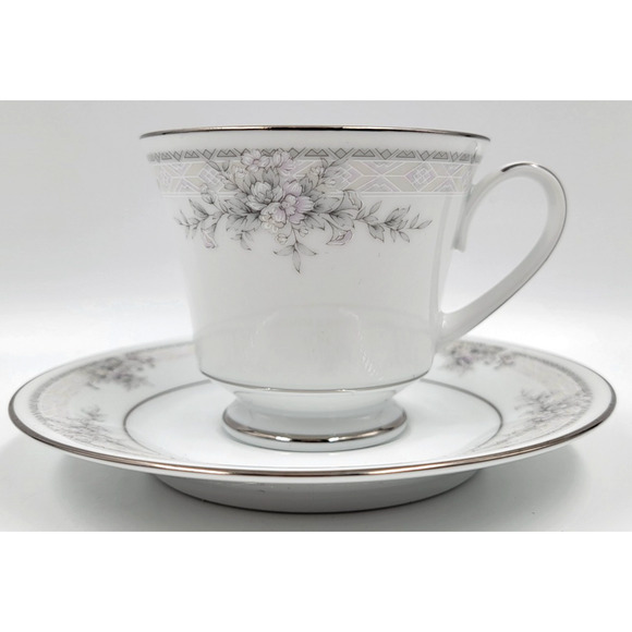 2 Noritake Sweet Leilani 3482 Cup & Saucer Set Gray Pink Roses Platinum Trim - Picture 8 of 15